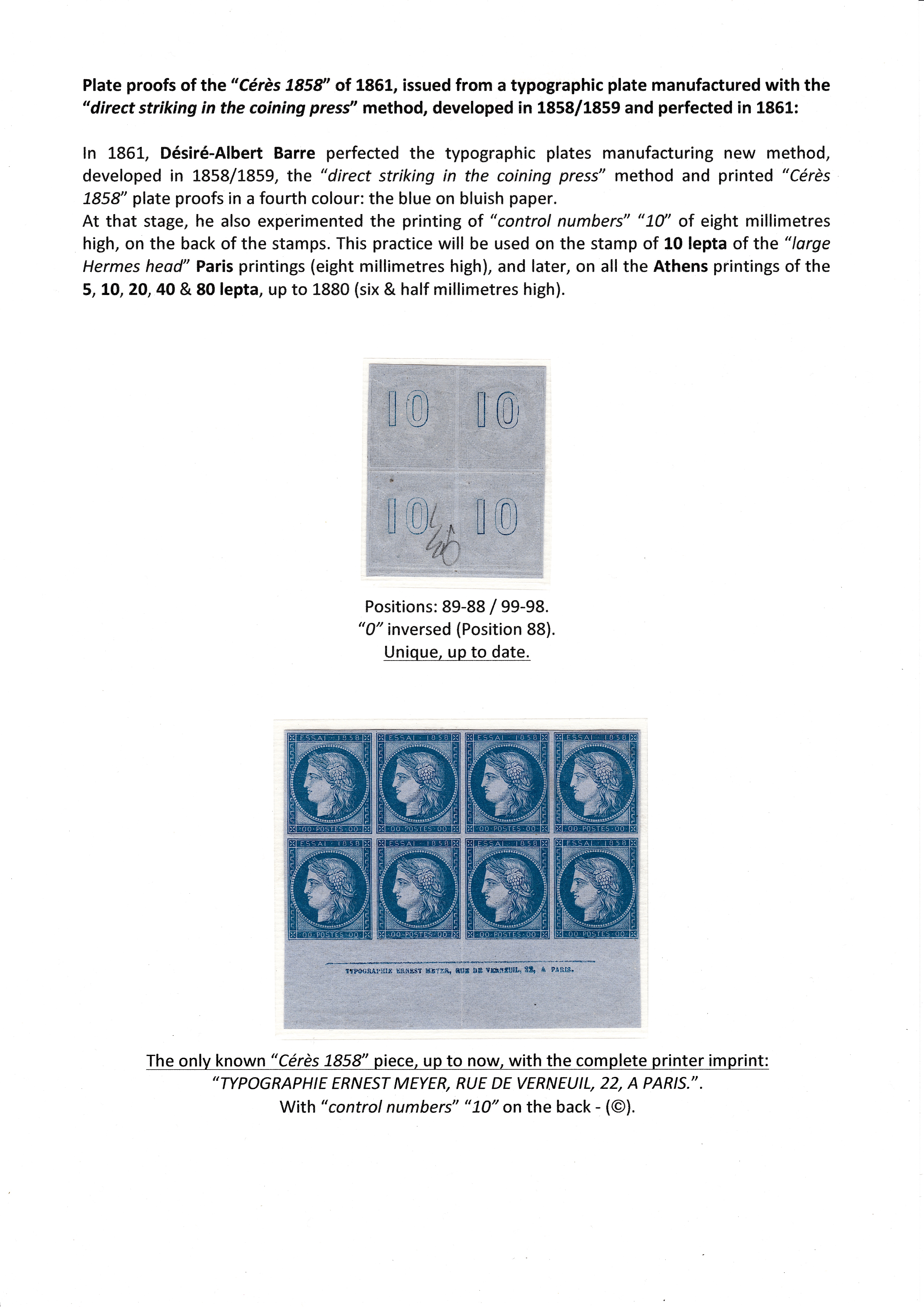 La fabrication et l���utilisation postale des tirages de Paris de la grosse t��te d���Herm��s de Gr��ce��� p. 6