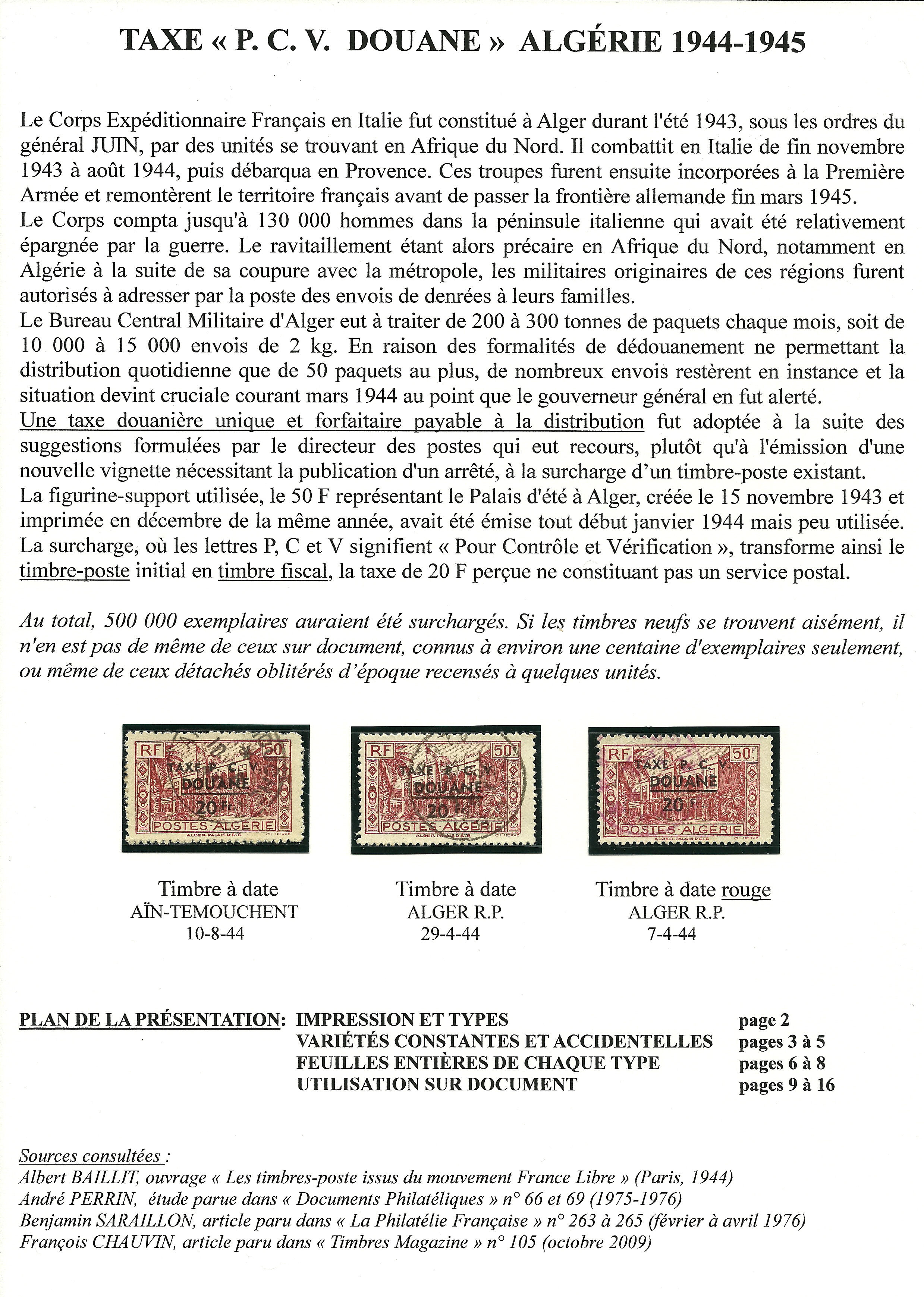 Taxe ���P.C.V Douane��� Alg��rie (1944 / 1945) p. 1