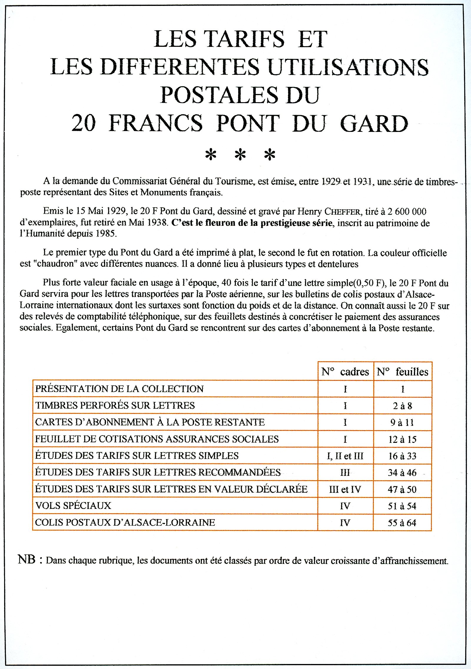 Les tarifs et les diff��rentes utilisations postales du 20 F. Pont du Gard p. 1