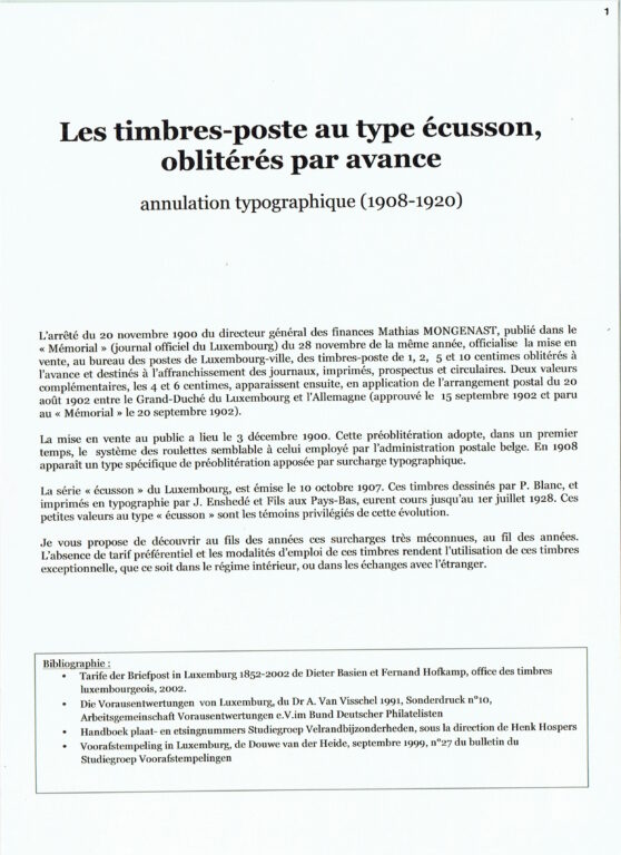 Les timbres-poste au type ’Ecusson’ oblitérés par avance