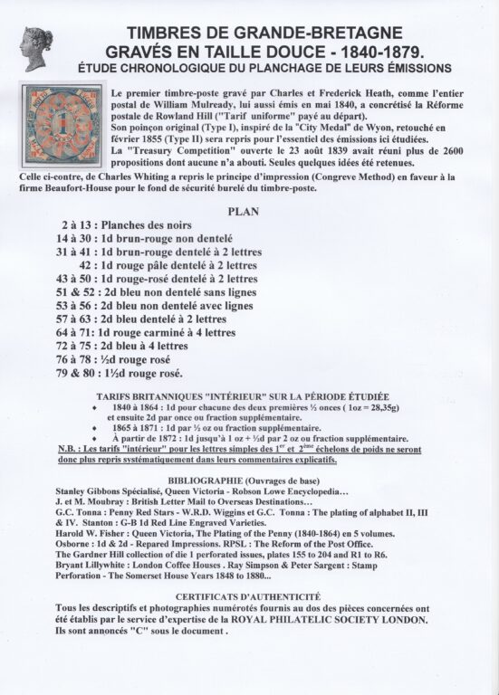 Timbres de Grande Bretagne en taille douce 1840-1879. Etude chronologique du planchage de leurs émissions