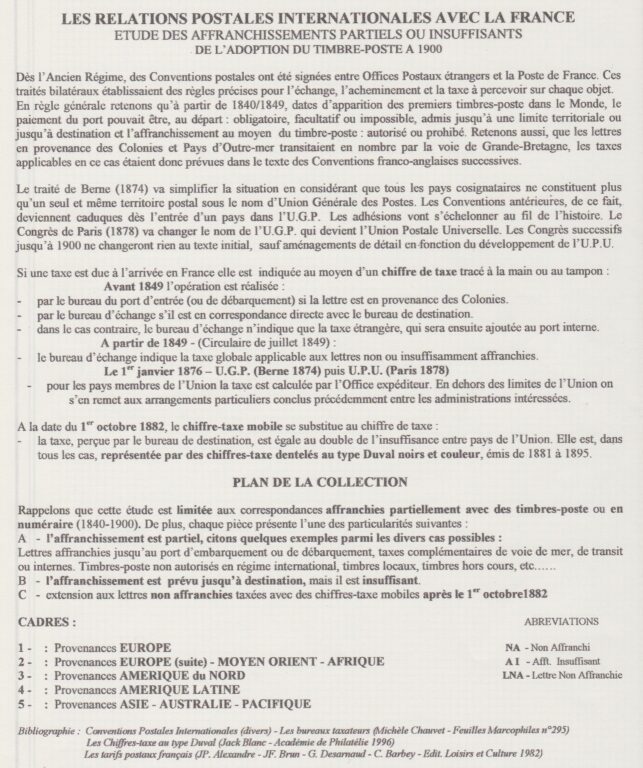 Relations postales avec la France - Correspondances partiellement ou insuffisamment affranchies